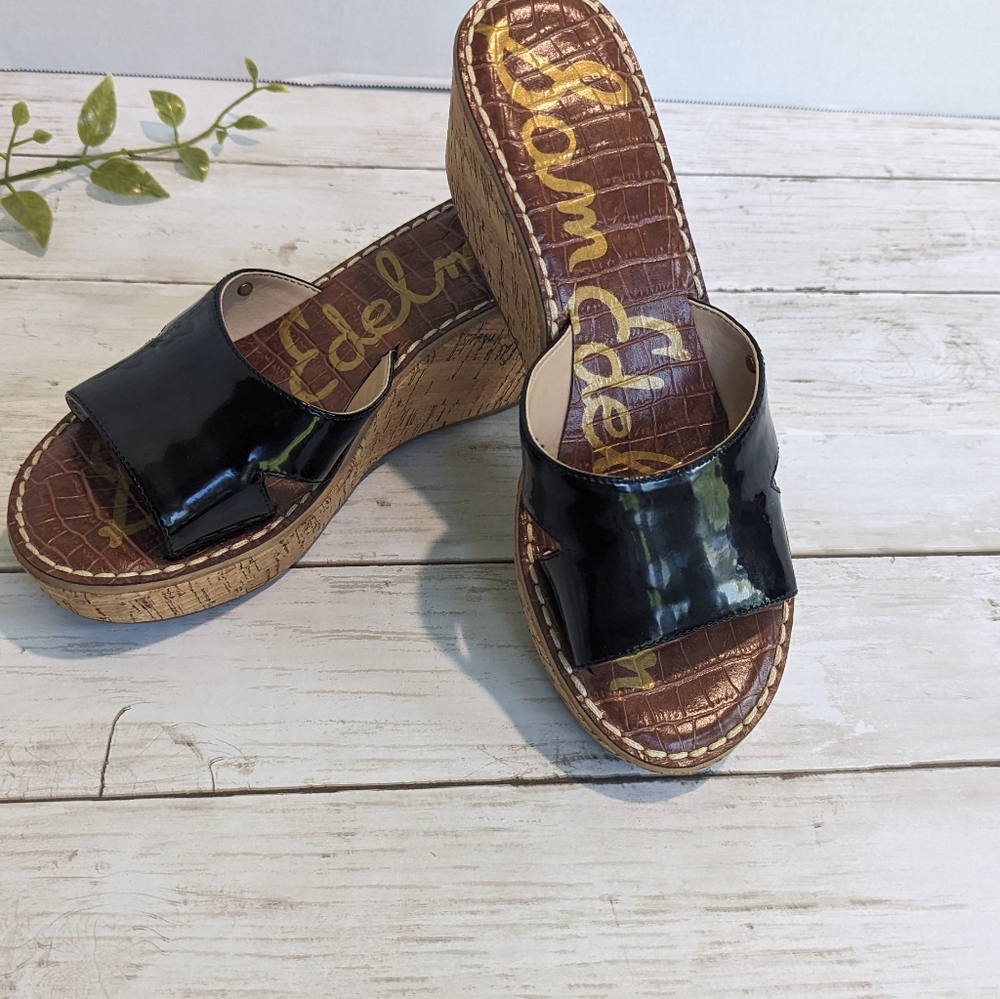 New - Sam Edelman Black Leather Cork Wedge Sandals Size 9